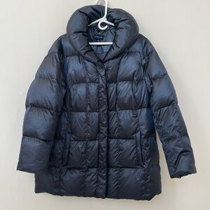 Black Puffer Down Jacket, Mid-thigh length, Shawl Collar - Size: 1X (14W - 16W)